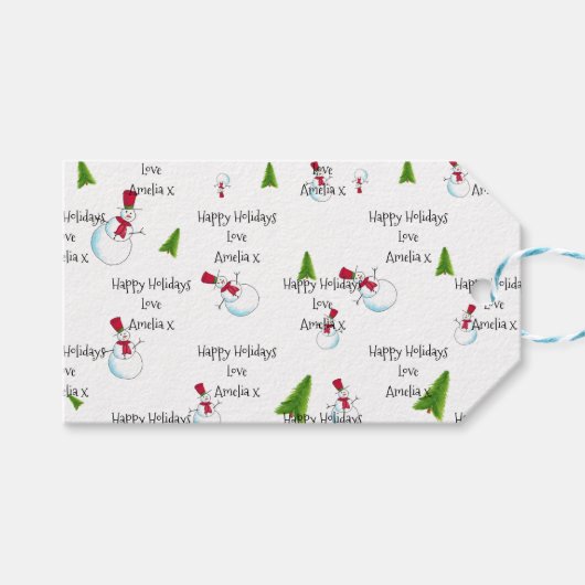 Monogram Kerstmis Sneeuwman Cadeautags Cadeaulabel (Voorkant (Horizontaal))
