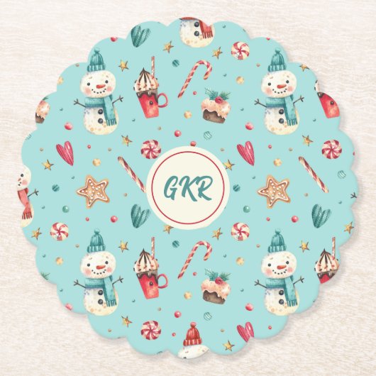 Monogram kerstmis Snowman Sweets Kartonnen Onderzetters (Voorkant)