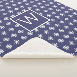 Monogram kerstmis White Snow Crystal Navy Blue Sherpa Deken