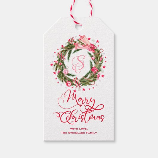 Monogram Kerstmis Wreath Cadeaulabel (Voorkant)