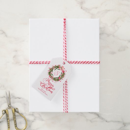Monogram Kerstmis Wreath Cadeaulabel (Met Touw)