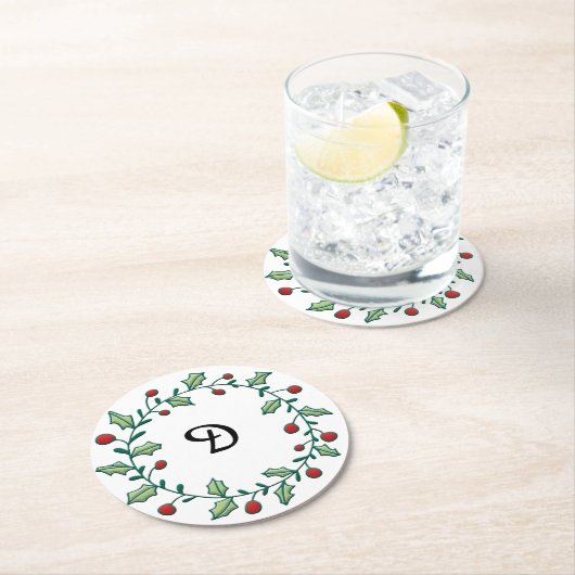 Monogram Kerstmis Wreath Ronde Kartonnen Onderzetter (Insitu)