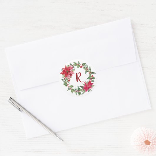 Monogram Kerstmis Wreath Ronde Sticker (Envelop)