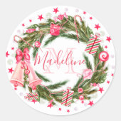 Monogram Kerstmis Wreath Ronde Sticker (Voorkant)