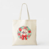 Monogram Kerstvakantie Rood Roze Bloemenkrans Tote Bag (Achterkant)