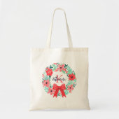 Monogram Kerstvakantie Rood Roze Bloemenkrans Tote Bag (Voorkant)