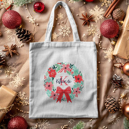 Monogram Kerstvakantie Rood Roze Bloemenkrans Tote Bag