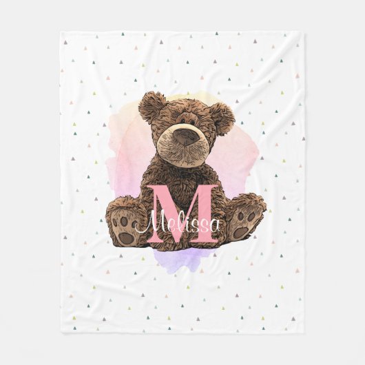  monogram Kinder naam Roze Teddy Bear Fleece Deken (Voorkant)