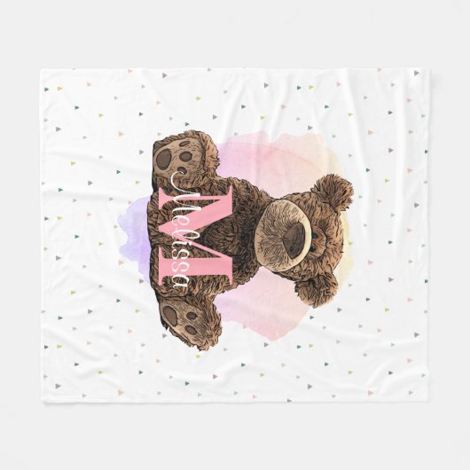  monogram Kinder naam Roze Teddy Bear Fleece Deken (Voorkant (Horizontaal))