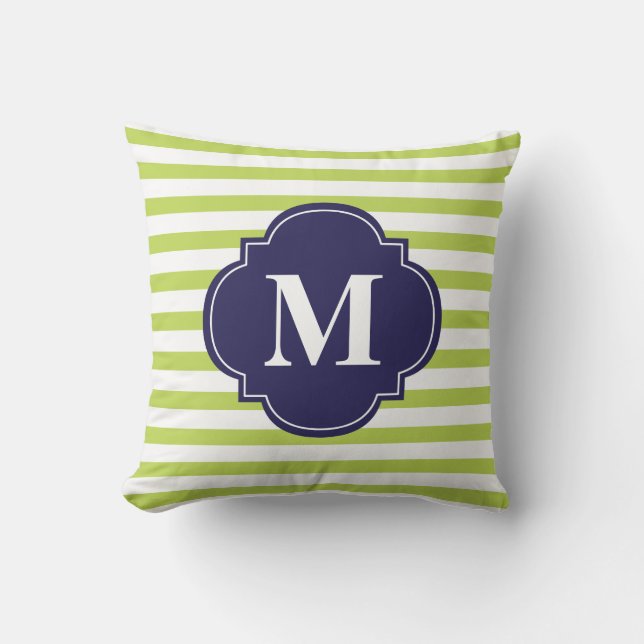 Monogram Kiwi Green en Navy Blue Stripes Kussen (Voorkant)