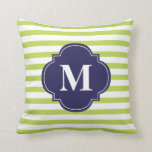 Monogram Kiwi Green en Navy Blue Stripes Kussen<br><div class="desc">Het aangepaste decoratieve accent gooit kussen. Pas uw initiaal, monogram, naam of tekst van uw keuze aan.</div>