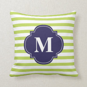 Monogram Kiwi Green en Navy Blue Stripes Kussen