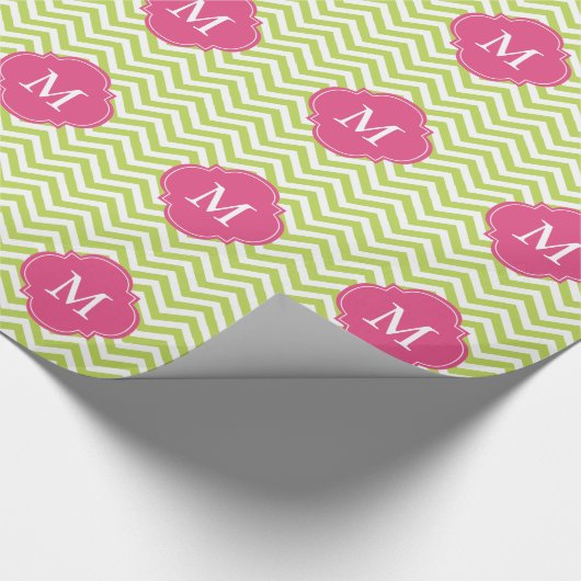 Monogram Kiwi Green & Fuschia Zigzags Pattern Cadeaupapier (Hoek)