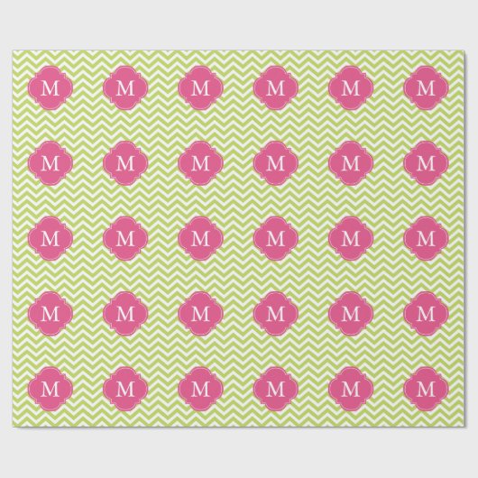 Monogram Kiwi Green & Fuschia Zigzags Pattern Cadeaupapier (Vlak)