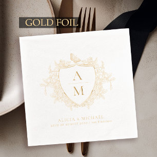 Monogram klassiek elegant bloemenkroon trouw goud folie servetten