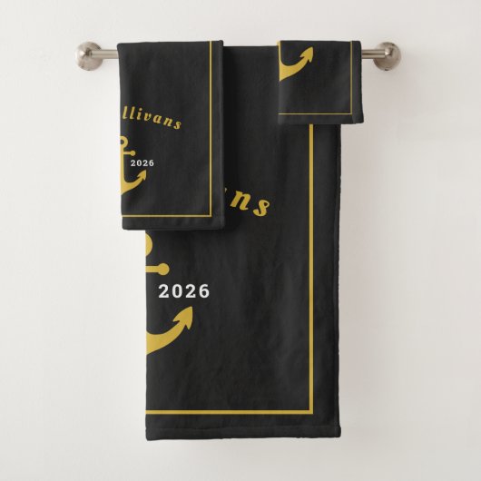Monogram Klassiek Scheepsanker Zwart Goud Bad Handdoek (Insitu)