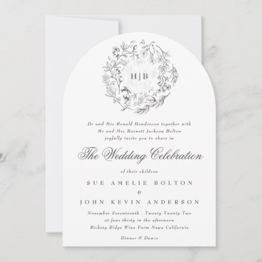 Monogram Klassieke Botanische Bloemen Trouwboog Kaart (Voorkant)