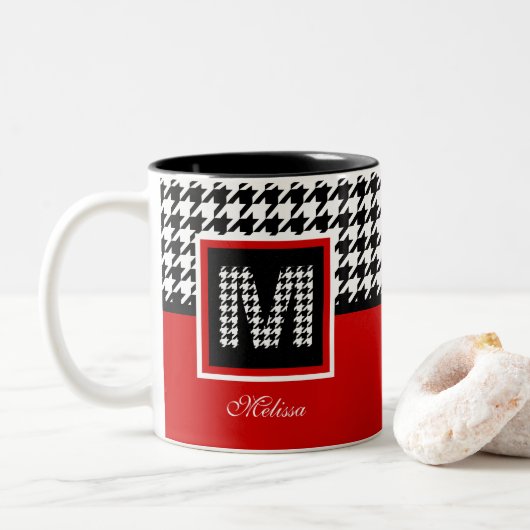 Monogram & Klassieke Houndstooth | Rood zwart wit Tweekleurige Koffiemok (Met donut)