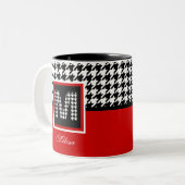 Monogram & Klassieke Houndstooth | Rood zwart wit Tweekleurige Koffiemok (Voorkant links)