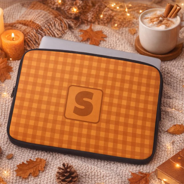 Monogram Klassieke Pompoen Herfst Gingham Plaid Laptop Sleeve (Creator heeft geüpload)