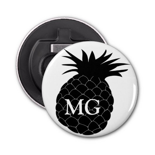 Monogram klassieke zwarte en witte ananas button flesopener (Voorkant)