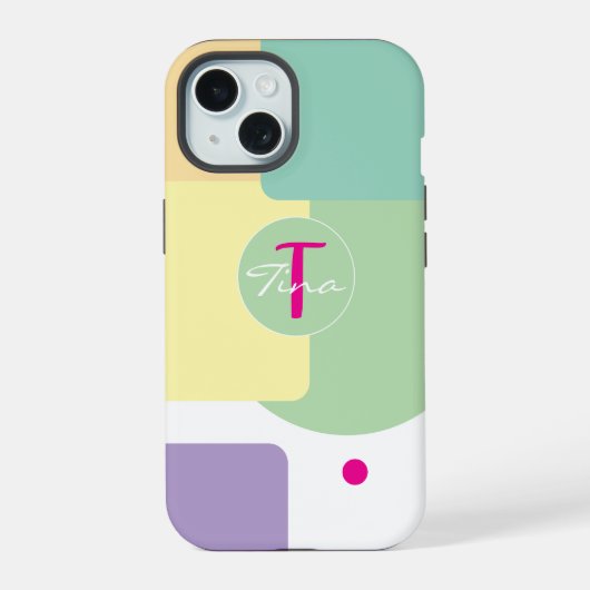 Monogram kleurenblok groen roze iPhone 15 case (Achterkant)