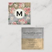 Monogram kleurenblokken  Floral Patroon Vierkante Visitekaartje (Voorkant / Achterkant)