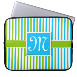 Monogram kleurig blauw en groen strippatroon laptop sleeve