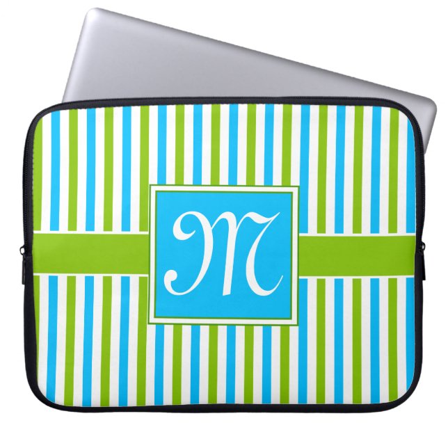 Monogram kleurig blauw en groen strippatroon laptop sleeve (Voorkant)