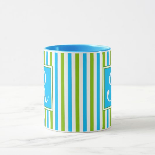 Monogram kleurig blauw en groen strippatroon mok (Midden)