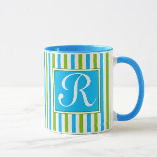 Monogram kleurig blauw en groen strippatroon mok