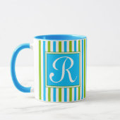 Monogram kleurig blauw en groen strippatroon mok (Links)