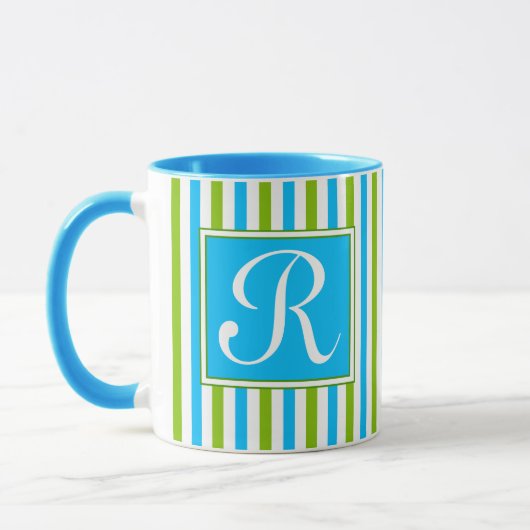 Monogram kleurig blauw en groen strippatroon mok (Links)