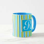 Monogram kleurig blauw en groen strippatroon mok (Voorkant rechts)