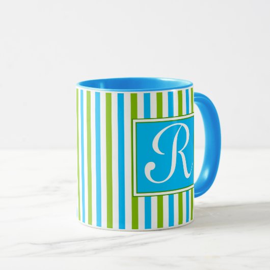 Monogram kleurig blauw en groen strippatroon mok (Voorkant rechts)