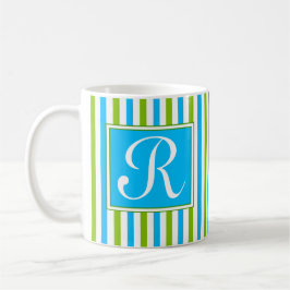 Monogram kleurig blauw en groen strippatroon mok