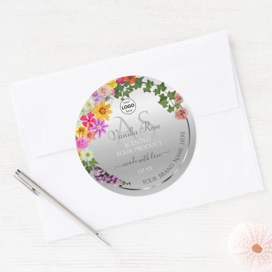 Monogram kleurig Floral Silver Product Label (Envelop)