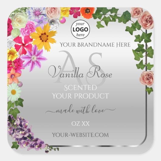 Monogram kleurig Floral Silver Product Label (Voorkant)