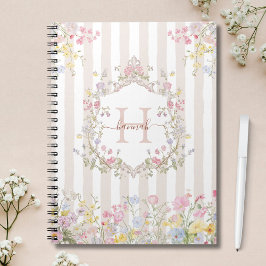 Monogram Kleurrijk Bloemmotief Rococo Kunst Strepe Notitieboek