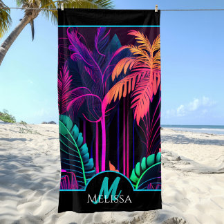 Monogram Kleurrijk Neon Zwart Tropisch Palmstrand Strandlaken