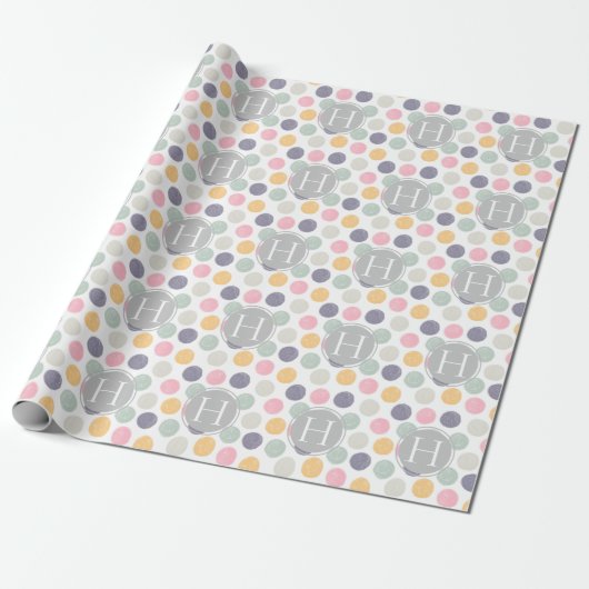 monogram kleurrijk pastelpolka - puntpatroon cadeaupapier (Uitgerold)