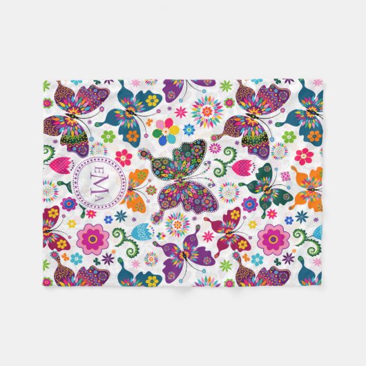 Monogram kleurrijk patroon met knoppen en bloemen fleece deken (Voorkant (Horizontaal))