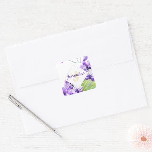 Monogram Kleurrijk Waterverf Orchidee ontwerp Vierkante Sticker (Envelop)