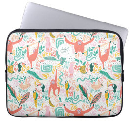 Monogram Kleurrijke Gelukkige Jungle Dieren Laptop Sleeve