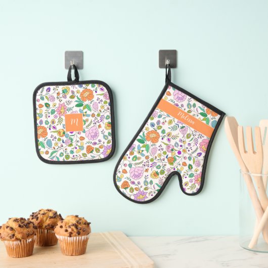 Monogram Kleurrijke Leuke Schattigee Bloempatroon  Ovenwant & Pannenlap Set (Insitu(Ophanging))