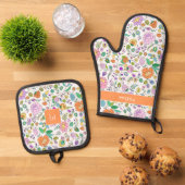 Monogram Kleurrijke Leuke Schattigee Bloempatroon Ovenwant & Pannenlap Set (Top down)