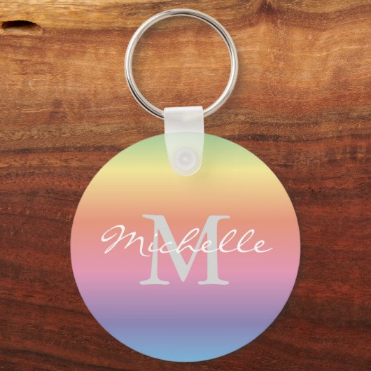 Monogram kleurrijke pasteelregenbooggradiënt sleutelhanger (Voorkant)