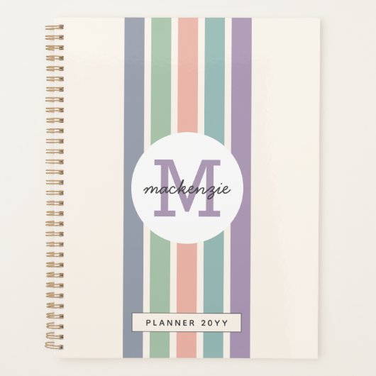 Monogram Kleurrijke Pastel Stripes Gepersonaliseer Planner (Voorkant)