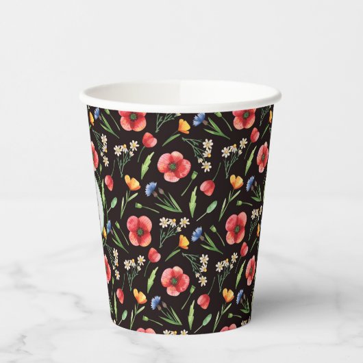 Monogram Kleurrijke Poppies & Wildflower Patroon Papieren Bekers (Links)
