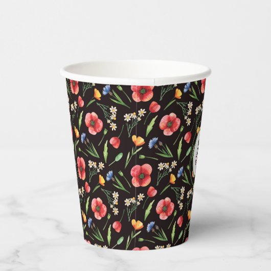 Monogram Kleurrijke Poppies & Wildflower Patroon Papieren Bekers (Rechts)